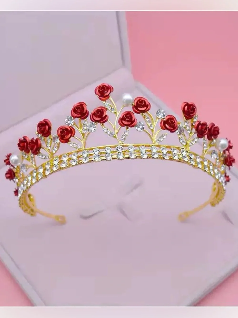 Gold Floral Tiara Headband with Red Rose Accents